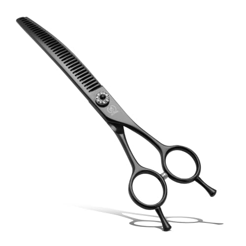 Professional Dog Grooming Scissors Pet Curved Chunker Shears 7.0'' Extremely Sharp Blades 440C Steel Thinning Scissors Durable Smooth Motion & Fine Cut for Dogs and Cats (Black Chunker)
