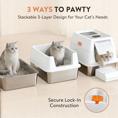 XL Stainless Steel Cat Litter Box with Enclosure and Pooper Scooper (White)
