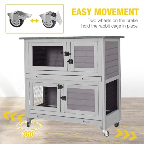Rabbit Hutch Indoor Bunny Cage Outdoor 2 Story Pet House Guinea Pig Cage on Wheels 36" L (Grey / 36.02"L x 17.72"W x 36.22"H)