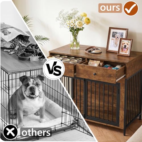 44 Inch Large Wooden Dog Crate Furniture with 2 Storage Drawers (New Brown / 44.5"L x 23.6"W x 34.5"H)