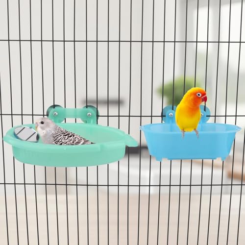 Bird Bath with Mirror for Small Birds Budgie Parakeet Cage (Blue(B)+Green)