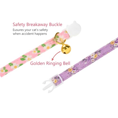 2 Pack Floral Cat Collars with Bow Tie and Bell Adjustable Breakaway Bowtie Cute Kitten Collar (S:Neck 7.0" - 11.0" / Floral Purple+Pink)
