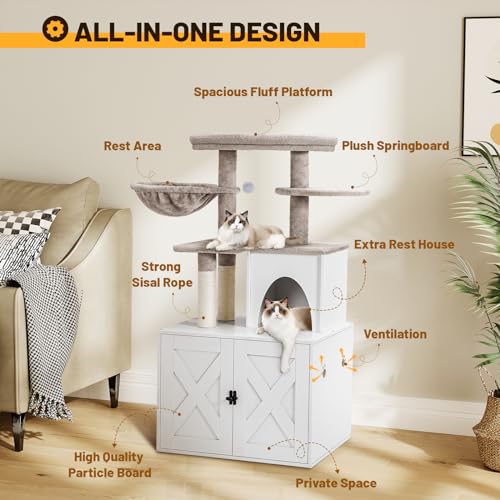 Cat Litter Box Enclosure with Cat Tree Tower and Condo (White)