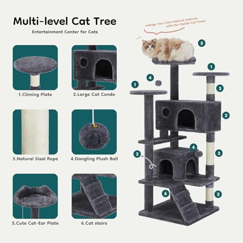 54 Inch Cat Tree Tower with Scratching Posts (Grey / 54 Inch)