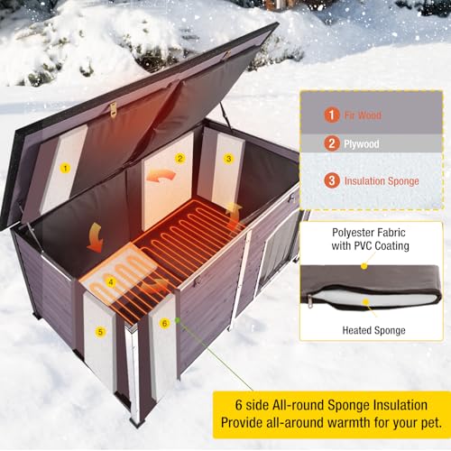 Heated Dog House with Electric Heating Pad Extra Large 59.1" Outdoor & Indoor Dog Kennl with Insulated Liner Keep Warm in Winter (59.1"Grey(Heating pad))