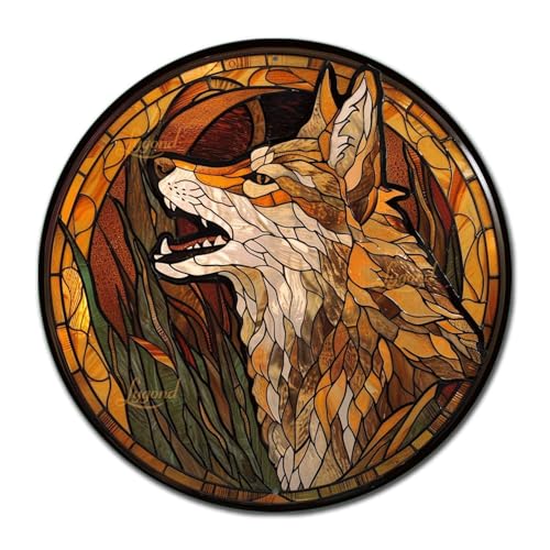 Metal Sign Tin Sign Circular Stained Glass Coyote Gardening Poster for Home Decor 8×8 Inches (8×8 Inches / Coyote-2)