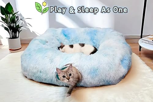 Extra Large Cat Tunnel Bed Plush Cat Cave for Indoor Cats (Azure Blue)