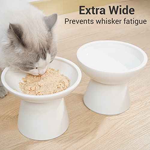 Extra Wide Elevated Ceramic 6.2" Deeper Cat Water Bowl (White-Deeper)