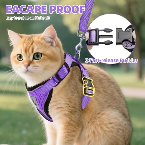 Cat Harness and Leash Set Escape Proof Reflective Cat Walking Harness Adjustable Soft Breathable Mesh Vest for Small Pets (XS (NECK 8.5", CHEST 11"-14") / Purple)