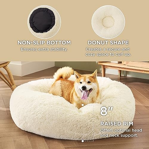 Calming Dog Bed Medium Size Dog Donut Washable Pet Bed (30"L x 30"W x 8"Th / Ivory Beige)