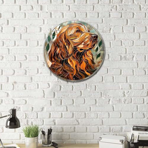 Metal Sign Tin Sign Circular Stained Glass Dog Funny Gardening Gift for Patio 12×12 Inches (12×12 Inches / Dog)