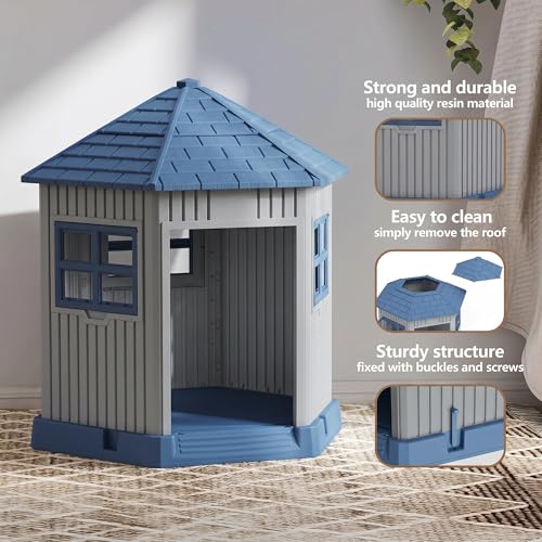 Dog House Indoor Outdoor Durable Large Dog Shelter with Outside Dog Kennel with Window and Elevated Floor for Small Medium Dogs (Blue / 34.8*30.51*36.89)