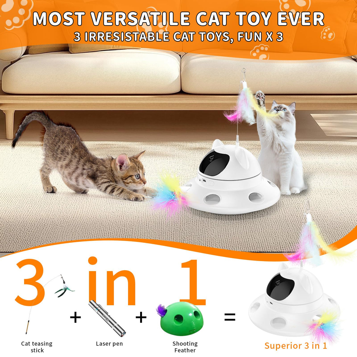 3-in-1 Auto Laser Cat Toy, USB Recharge Motion Activated Kitten Feather Chase Toy - Pure White (pure white)