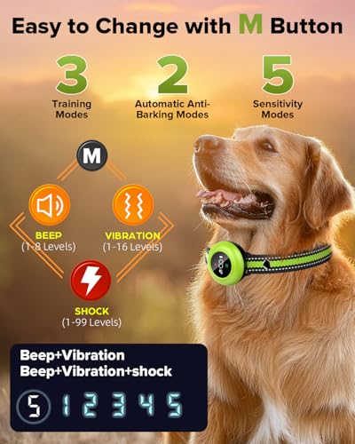 2-in-1 Dog Shock Collar & Bark Collar – 3300FT Dog Training Collar with Remote, Automatic Anti-Barking, 5 Adjustable Sensitivity Levels, IP67 Waterproof E-Collar for Small Medium Large Dogs (Green)