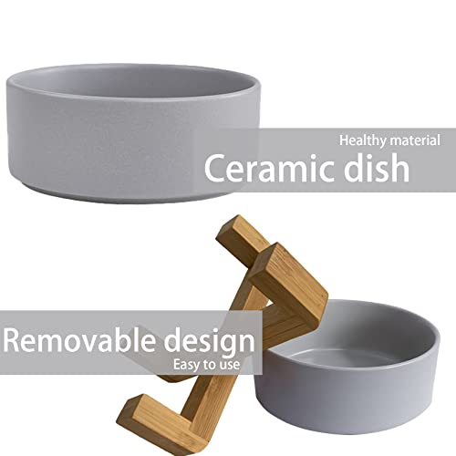 Ceramic Dog Cat Bowl with Wood Stand (【1Pcs Grey】)