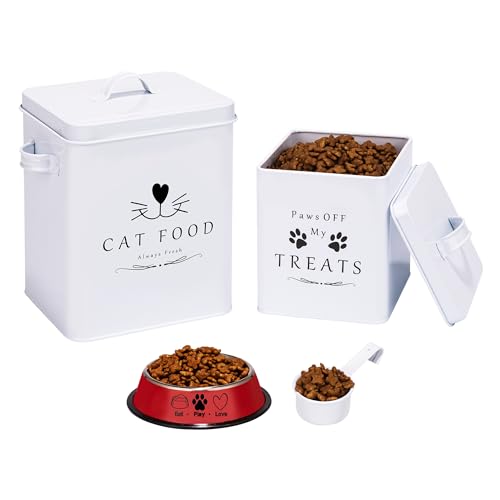 Farmhouse Cat Food and Treats Containers + Feed Scoop + Pet Food Bowl (Glossy White)