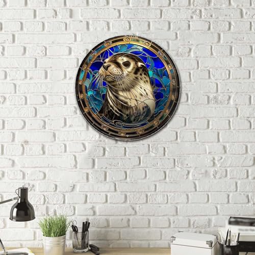 Metal Sign Tin Sign Circular Stained Glass Harbor Tin Sig For Pet 12×12 Inches (12×12 Inches / Harbor-2)