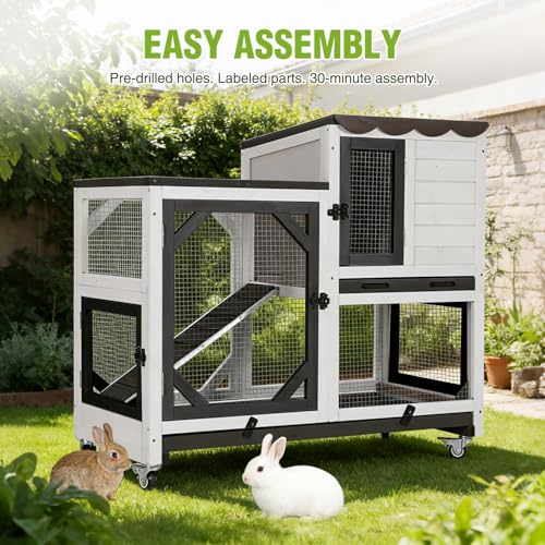 Wooden 2 Story Rabbit Hutch Indoor Outdoor (Black&White / 39.3"L x 22.0"W x 36.8"H)