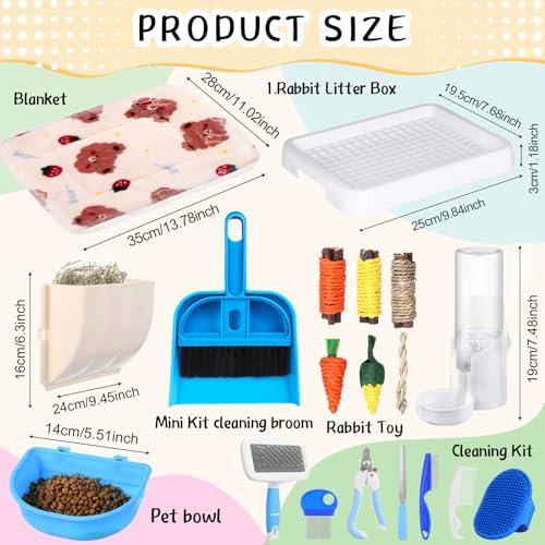19 Pcs Rabbit Starter Kit Small Bunny Litter Box Animal Grooming Kit Water Bottle Bunny Toys Hay Feeder Bowl Blankets with Cleaning Set for Guinea Pig Rabbit Accessories (White / Strawberry Bear)