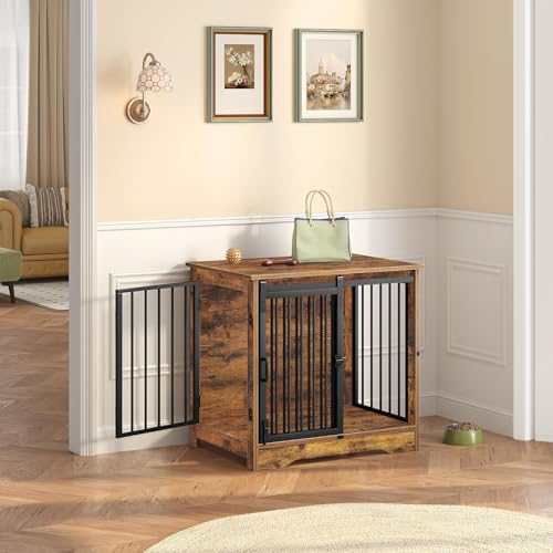 27.2" S Dog Crate Furniture Indoor Dog Kennel with Barn Door (Rustic Brown / 27.2"L x 19.3"W x 25.4"H)