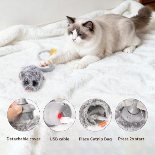 Interactive MigiMouse Cat Toy 360° Rolling & Spin with Wiggling Tail for Indoor Cats Smart Motion Sensor
