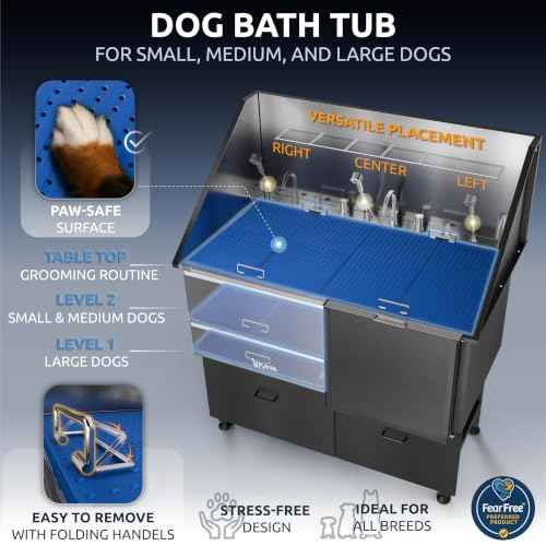 Professional Dog Washing Station 304 Stainless Steel Pet Wash Sink (Black, Right Ramp, 2 Drawer / 50 Inches)