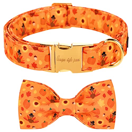 Halloween& Dog Collar with Bow Tie Pumpkin Cotton Collar Adjustable Puppy Collar Best Thanksgiving Gift for Small Medium Large Dogs (Small / Turkey&pumpkin)