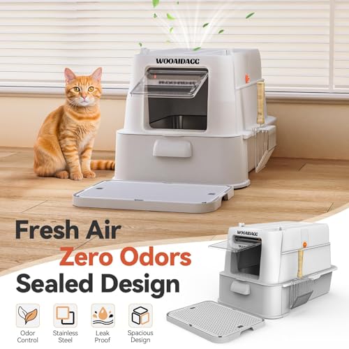 Enclosed Stainless Steel Cat Litter Box with Odor Control (Light Grey)