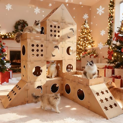 DIY Cardboard Cat House with Scratching Pad (Kraft Brown / 1 Box + 1 Roof + 1 Triangular + 2 Scratchers)