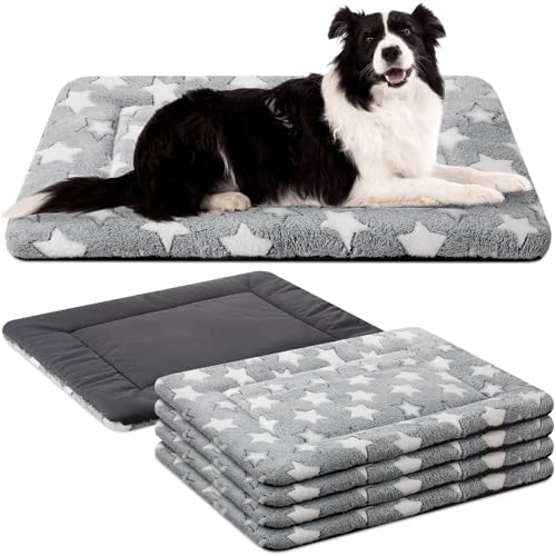 4 Pcs Dog Crate Pads Soft Warm (Rectangular 30 x 48 x 1.6 Inch / Star / Gray)