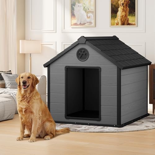 Extra Large Giant Dog House Outdoor Indoor for Large Dogs Durable Plastic Waterproof Doghouse with Air Vents and Elevated Floor Easy Clean and Assemble (Black / 42"D x 44.5"W x 42"H)