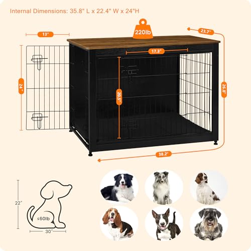 38.5" XL Dog Crate Furniture with Cushion (Black+Warm Brown / 38.5"L x 25.6"W x 26.8"H)