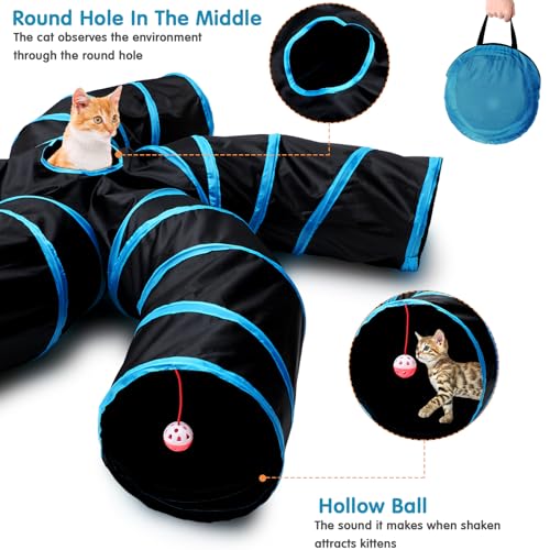21 Pcs Cat Tunnel for Indoor Set Collapsible 5 Way Tubes with 20 Pcs Cat Kitten Toys Interactive Feather Toy Mouse Crinkle Balls Tube for Puppy Kitten Rabbit (Blue Black)