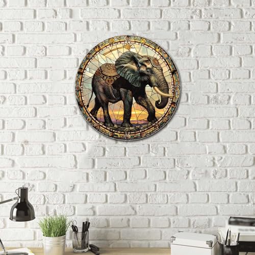 Metal Sign Tin Sign Circular Stained Glass Elephant Garden Tin Sign for Yard 8×8 Inches (8×8 Inches / Elephant)