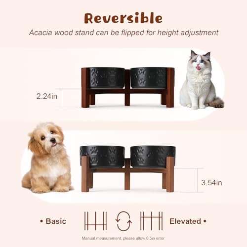 Ceramic Elevated Dog Bowl Set with Acacia Wood Stand for Food and Water for Small Medium Sized Dogs (28.74 Oz / Black with Dog Paw Pattern)