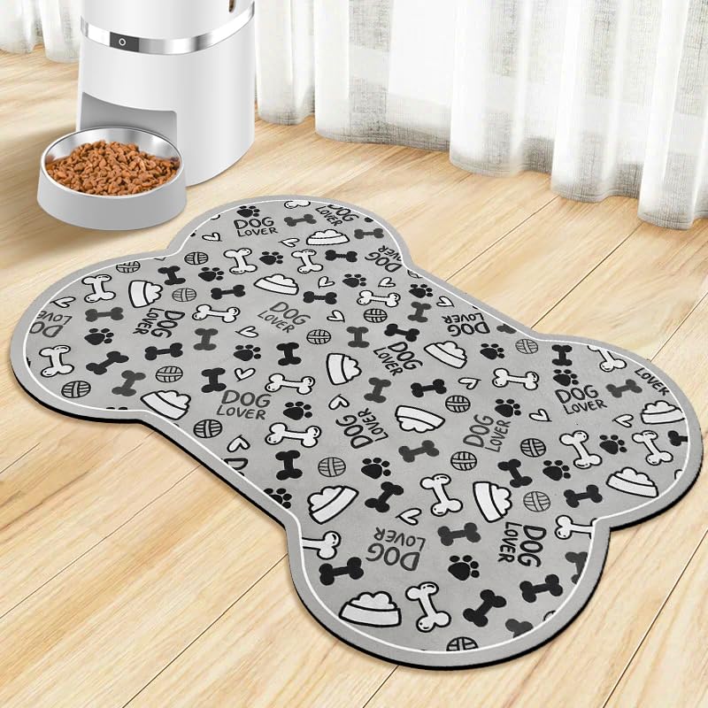 Dog Food Mats for Floors Waterproof (Grey Bone02 / 23.6"L x 15.7"W)