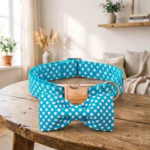 Pet Collar Blue & White Polka Dot Dog Collar with Bow (Blue White Dot / X-Large (Pack of 1))