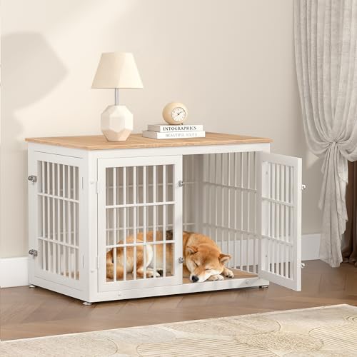 38" Heavy Duty Dog Crate Furniture for Large and Medium Dogs (White + Natural / 38.3"L x 25.4"W x 27.7"H)