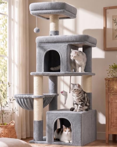 Cat Tree Tower 2 Condo Kitten Scratching Post (Light Grey / 54 inch)