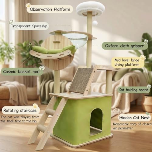 59.1-Inch-Green Cat Tree for Indoor Cats Large Adult, with Cat Condos,Cat Scratchers,Cat Hammock,Space Capsule, Plush Jumping Platform,Hanging Ball,Cat Trees for Indoor Cats(Green/Log Color) (Y18)