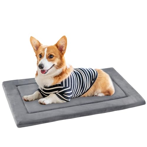 Dog Bed Mat for Crate 1.1in Slim Cooling Pad Reversible Flannel & Waterproof Canva for Medium Dogs up to 45 lbs (Grey / M)