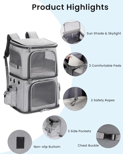 Double Compartment Cat Backpack Carrier for 2 Pets up to 18 lbs (14.6"L x 11.2"W x 21.6"H / Grey)