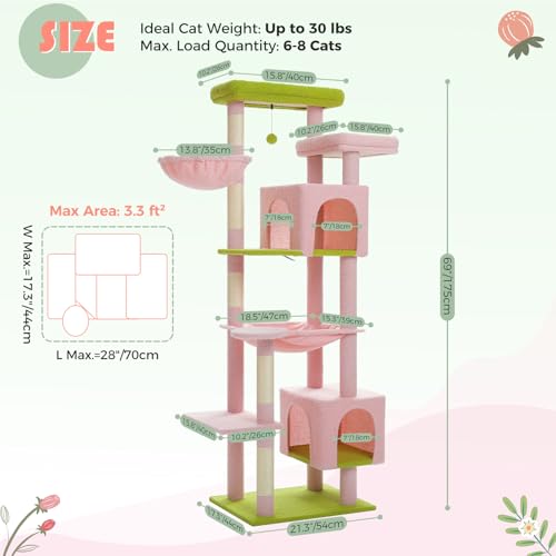 69" Tall Cat Tower with Hammock & Scratching Posts (Pink / 69 Inches)