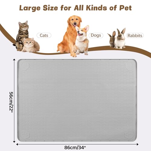 Cat Food Mat Extra Large Silicone Pet Bowl Mat 34''x22'' (Light Grey / 34"L x 22"W)