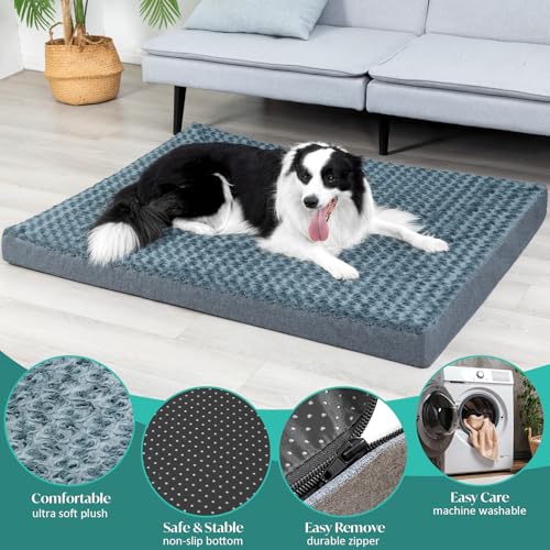 Dog Bed Mat Plush 3.5in Orthopedic Pad for Large Dogs up to 90 lbs Waterproof Removable Cover Machine Washable for Extra Large Dogs (Gray-Blue / XL)