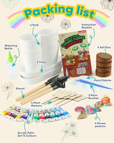 Kids Gardening Set Paint and Plant Stoneware Flower Gardening Kit with 4 Pots Arts and Crafts for Kids Ages 8 (4-set)