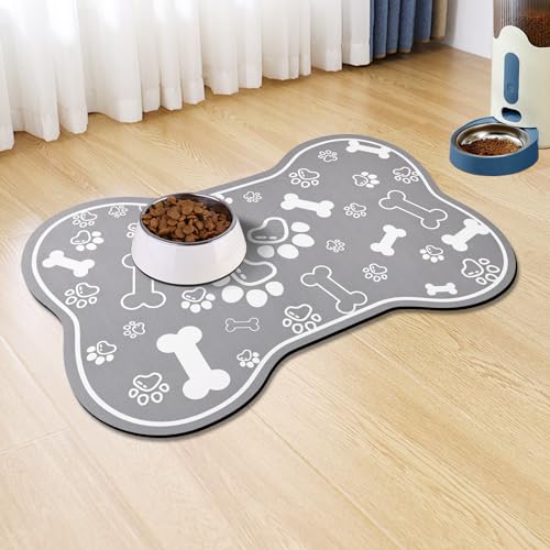 Dog Cat Food Mat (18"L x 12"W / Bone Shaped Grey)
