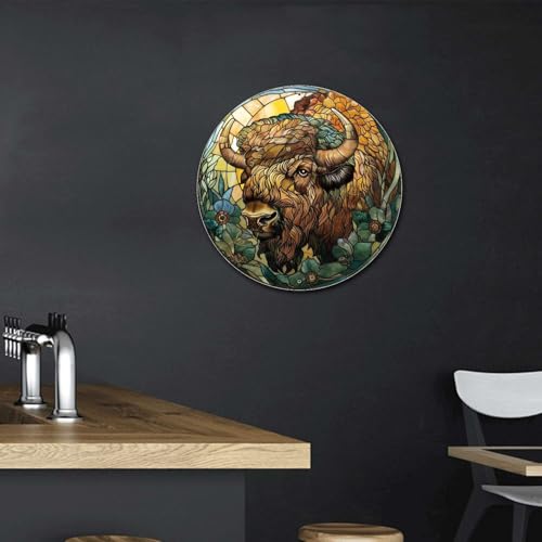 Metal Sign Tin Sign Circular Stained Glass American Bison Greenhouse Decor for Restaurant 8×8 Inches (8×8 Inches / American Bison-1)
