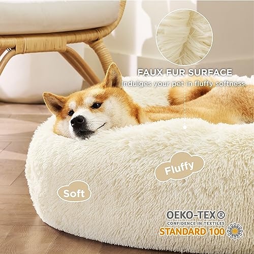 Calming Dog Bed Medium Size Dog Donut Washable Pet Bed (30"L x 30"W x 8"Th / Ivory Beige)