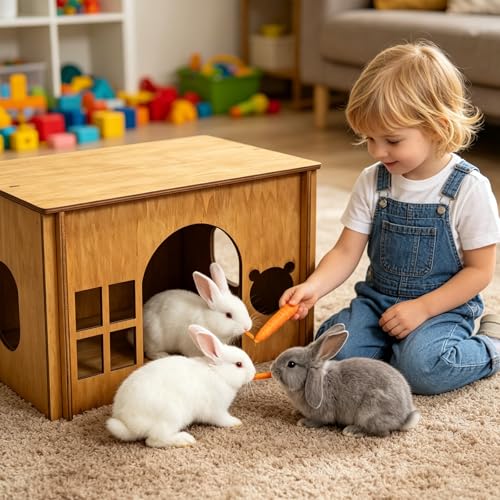 Large Sturdy Wooden Rabbit Castle Hideout with Spacious Balcony (Brown Style 2 / Large)